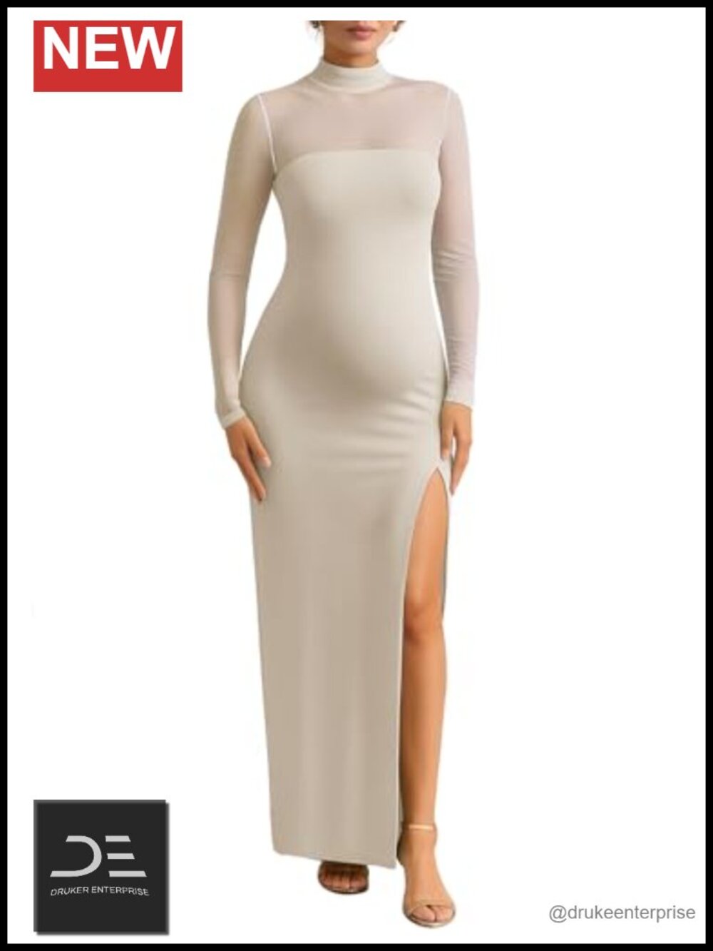 Long Sleeve Maternity Bodycon Maxi Dress High Leg Split Mesh Women